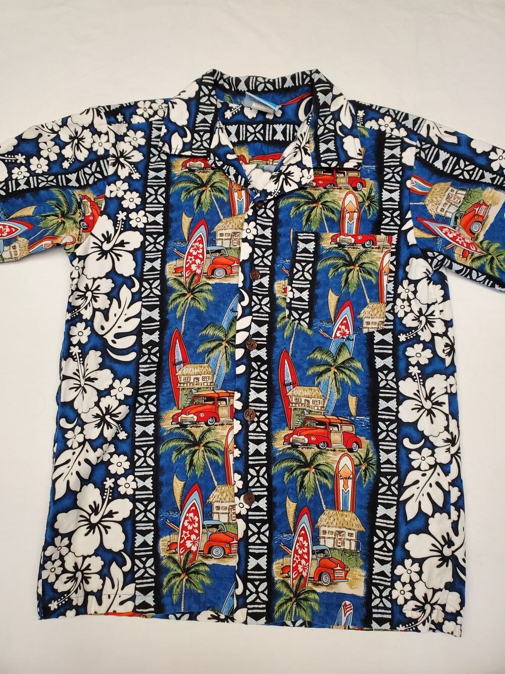 RJC Hawaiian Shirt Youth Blue Tiki Surf Hot Rod Woody Tropical Made In Hawaii